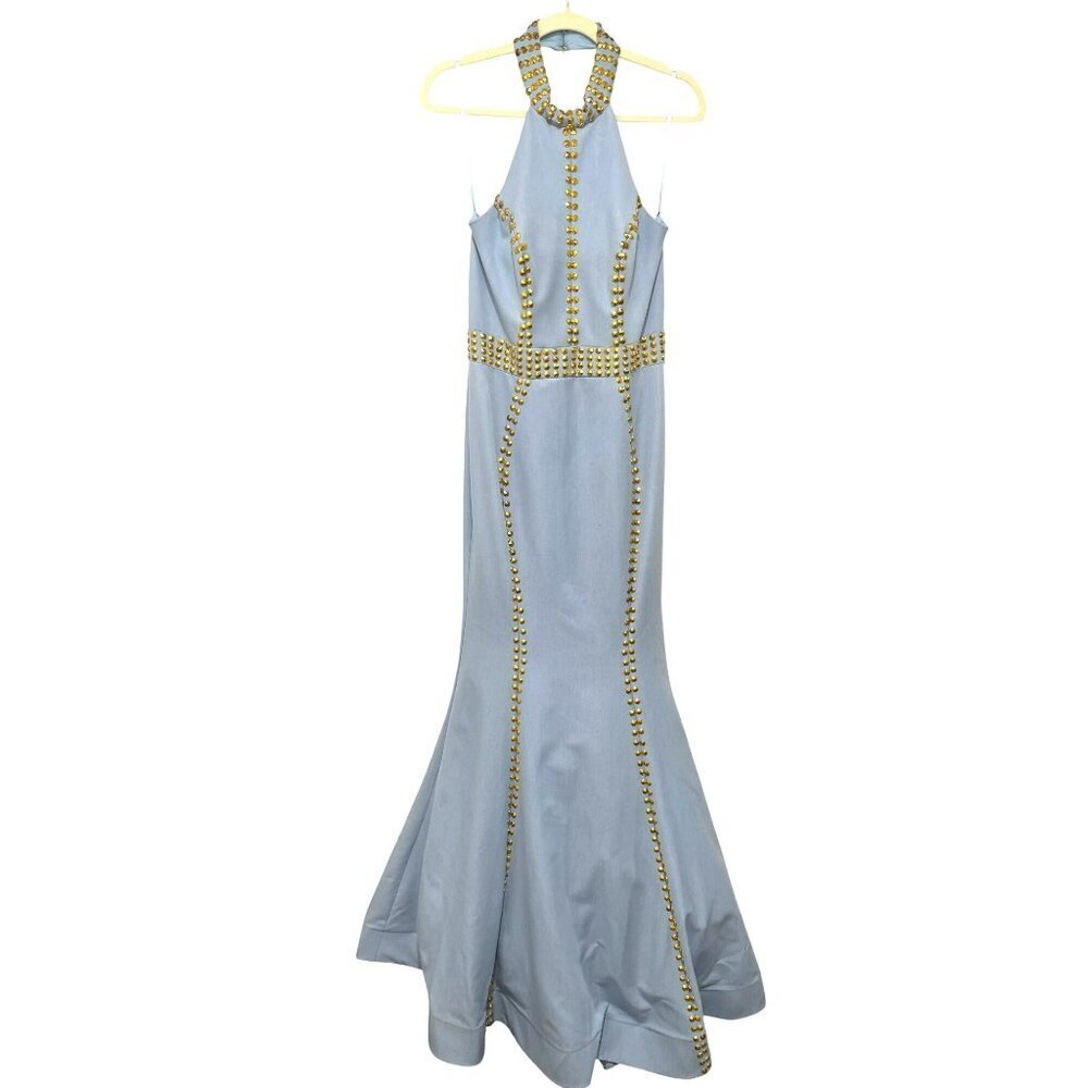 Johnathan Kayne $650 Light Denim Halter Mermaid Gown Stud Embellished Maxi Dress